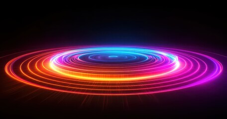 Fototapeta premium Vibrant Abstract Light Rings with Neon Colors Creating a Dynamic Circular Pattern on a Dark Background for Use in Digital Design Projects