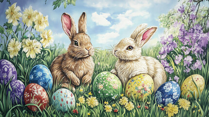Beautiful banner with green bunnies and Easter eggs for holiday