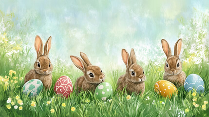 Obraz premium Beautiful banner with green bunnies and Easter eggs for holiday