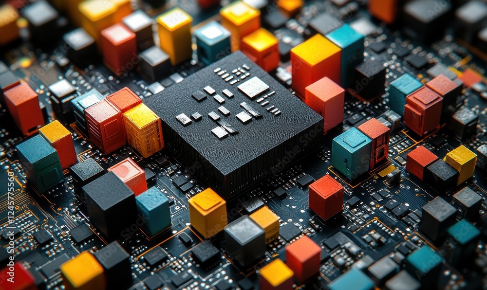Poster vibrant circuit board with colorful chips and central processor in abstract technology design for in