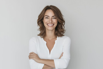 Fototapeta premium A studio portrait of a woman expressing pure happiness with a wide, radiant smile