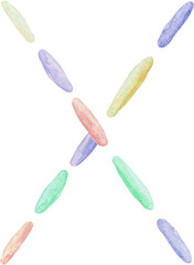 Watercolor embroidered letter  X made of multicolored stitches of thread