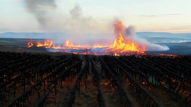 High angle sweep video, silhouetted contrast against bright flames, camera sweeps vineyard during harvest season, fire storm consuming ripe grapes, charred rows, sweet smell, stark shapes