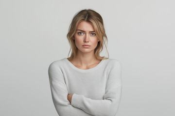 Fototapeta premium A studio portrait of a woman expressing sadness, her eyes glistening with tears
