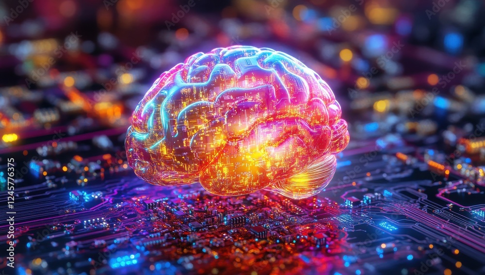 Poster vibrant glowing brain model on circuit board background representing artificial intelligence and adv