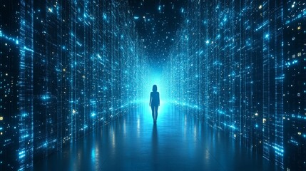 Fototapeta premium Woman Walking Through Digital Corridor: A Journey into the Metaverse