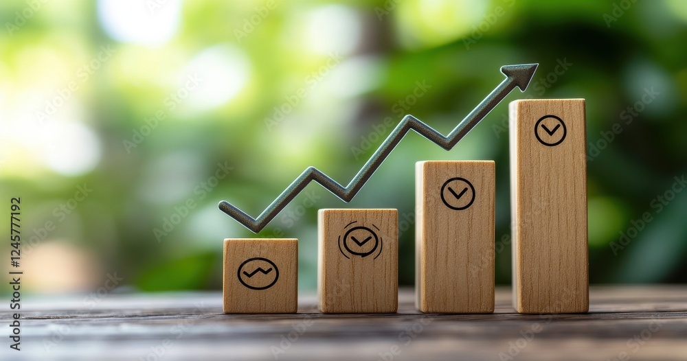Poster wooden blocks with graph icons representing business growth and progress on a natural background wit