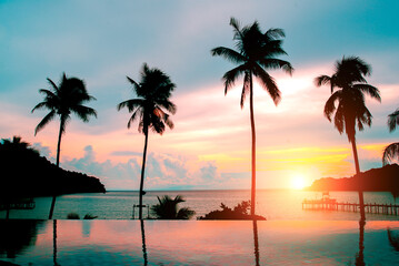 Obraz premium Pool with palm trees near the ocean during a beautiful sunset,copy space.