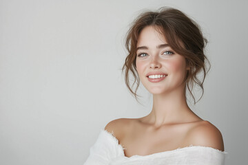 A studio portrait of a woman with a mischievous smile, one eyebrow raised