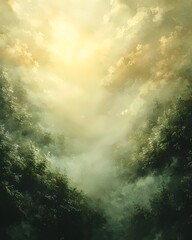 Fototapeta premium A serene landscape showcasing a gentle light filtering through lush, fog-covered trees, evoking a sense of tranquility and connection with nature.