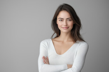 Fototapeta premium A studio portrait of a woman with a neutral expression, exuding calmness and elegance