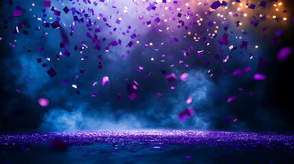 A dark room with a blue background and purple confetti falling from the ceiling. high resolution AI Generative image
