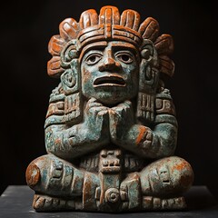 Ancient Mayan Stone Carving Seated Figure in Contemplative Pose.
