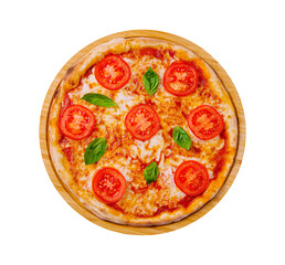 Freshly baked pizza topped with tomatoes and basil on a wooden serving board