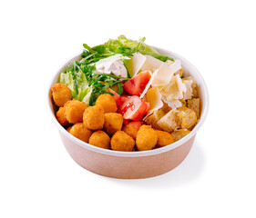 Healthy salad bowl with crispy bites, fresh greens, and a variety of toppings for a nutritious meal experience
