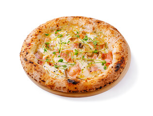 Delicious artisan pizza topped with fresh ingredients displayed on a rustic wooden plate