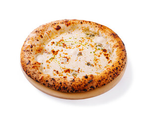 Delicious cheese pizza topped with herbs fresh out of the oven on a wooden platter