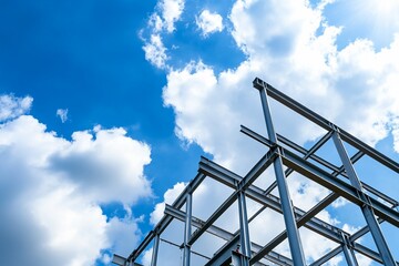 Steel structure construction, blue sky, clouds, building