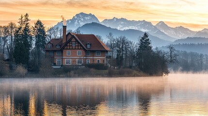 Fototapeta premium Sunrise over lake, house, mountains reflection.