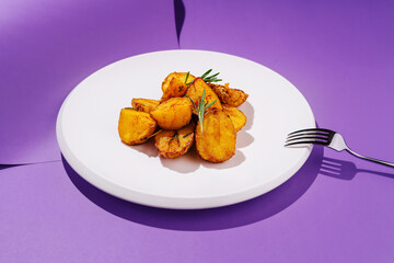 Crispy roasted potatoes garnished with fresh herbs on a vibrant purple background