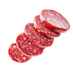 Close-up of Saucisson Sec slices isolated on white transparent background. Concept of fresh deli meat and gourmet food.