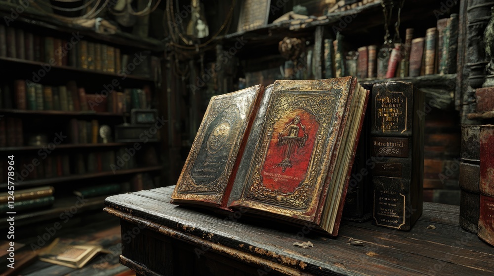 Poster a book with an eye-catching cover displayed on a book stand, inviting exploration and literary appre