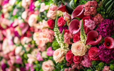 Fototapeta premium A wall of red and pink flowers, including roses, calla lilies, peonies, and hyacinths, creates a lush, fantasy-inspired floral backdrop. The stunning arrangement evokes romance and beauty.