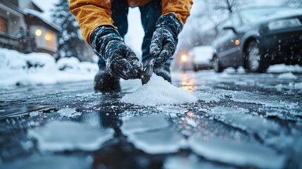 Dedicated City Worker in Gloves Spreading Salt on Icy Sidewalk to Ensure Pedestrian Safety in Winter Conditions