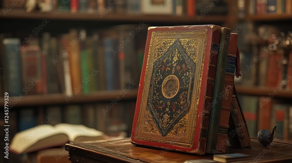 Poster a book with an eye-catching cover displayed on a book stand, inviting exploration and literary appre