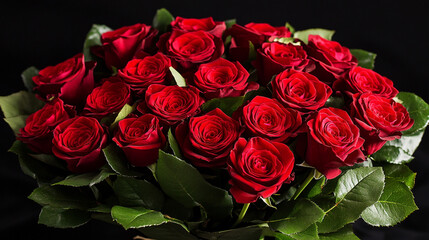 Obraz premium Close-up of a bouquet of red roses, set against a dark backdrop with a black and red color scheme. The soft lighting creates a high contrast, accentuating the rich, velvety texture of each rose.