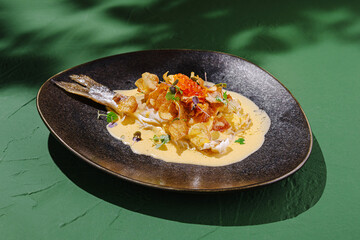 Gourmet dish featuring fried fish on a bed of creamy sauce with crispy toppings, set on a vibrant green surface