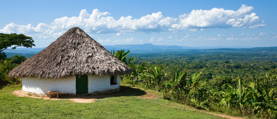 A scenic view of a thatched-roof house overlooking lush greenery and mountains under a bright blue sky with scattered clouds.