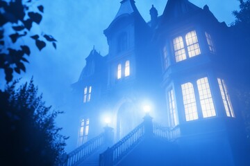 Mysterious mansion at night, fog, Halloween