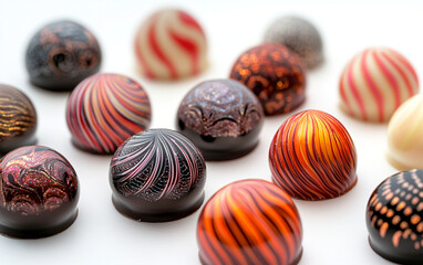 An assortment of dark and milk chocolate bonbons on a white background. Their glossy, intricate designs create a luxurious, inviting showcase of gourmet confectionery artistry.