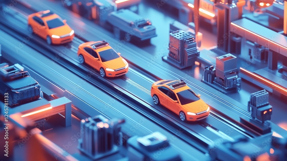 Poster a busy car manufacturing factory, with multiple vehicles in different stages of production on the as