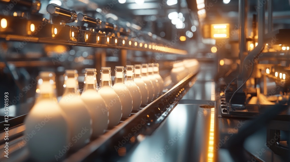Poster a busy dairy factory production line with rows of milk bottles being processed, filled, and sealed f
