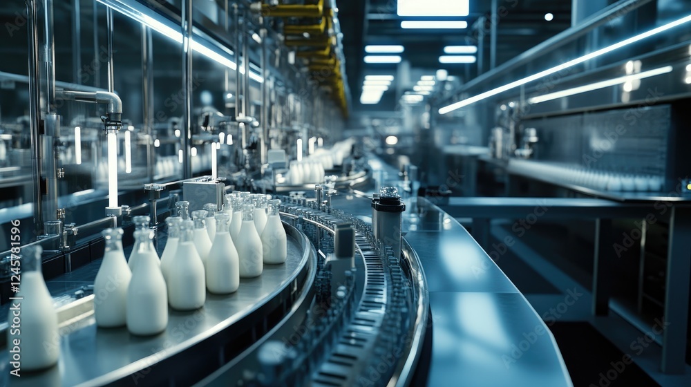 Poster a busy dairy factory production line with rows of milk bottles being processed, filled, and sealed f