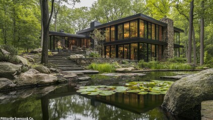 Modern house, forest setting, pond reflection, evening light, real estate