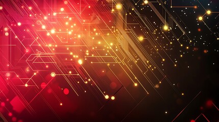 A digital abstract background with futuristic circuitry in radiant red and gold tones, seamlessly connected over a dark geometric pattern.