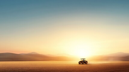 Modern Tractor Plowing in Vast Open Fields at Sunrise