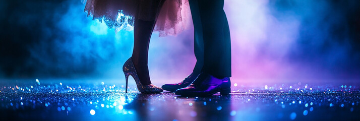 A couple dancing on the dance floor during a ballroom competition, focusing on their legs. The woman's elegant heels and the man's suit contrast beautifully under blue stage lighting.