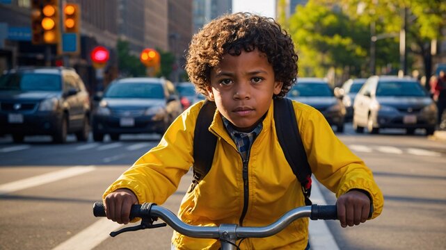 Young boy confidently cycles through city streets, showcasing determination and joy on a sunny afternoon filled with urban energy