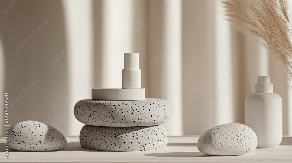 Poster a calm, minimalistic scene with polka dot pebbles and smooth rocks providing a chic background for s