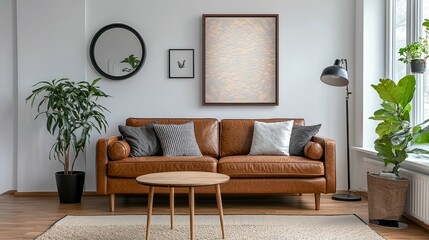 Modern Living Room Interior Design: Leather Sofa, Plants, and Chic Decor