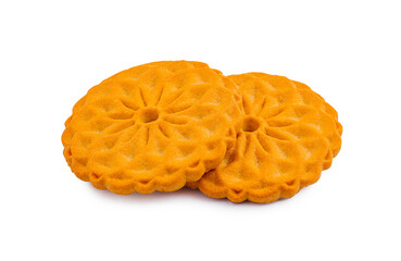 Delicious orange cookies with a floral design on a clean white background perfect for snacks or desserts