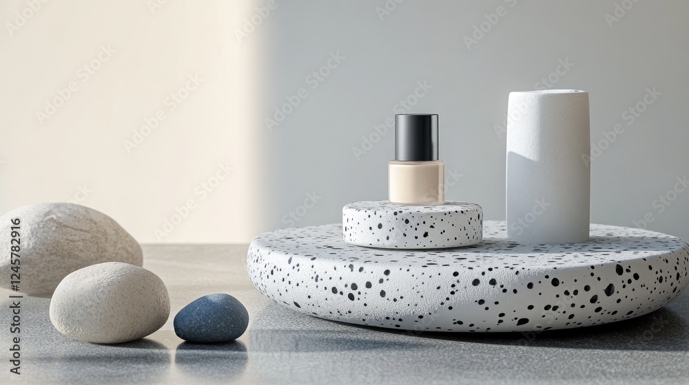 Poster a calm, minimalistic scene with polka dot pebbles and smooth rocks providing a chic background for s