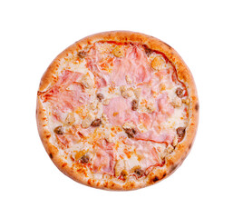 Delicious pizza topped with ham and sausage ready to be served at a cozy restaurant in the evening