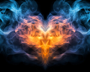Fototapeta premium An abstract, colorful heart-shaped form swirls with smoke and flames, creating a dramatic contrast against a black background. This vibrant design captures the intensity of love and passion.