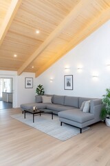 Modern attic living room, light wood ceiling, grey sectional sofa, relaxing atmosphere, home interior design