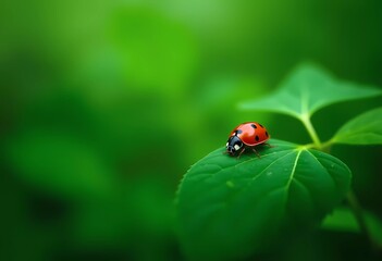 Fototapeta premium Adonis garden, Close-up image of a ladybug crawling on an Adonis leaf, showcasing details and vibrant colors in high fidelity.